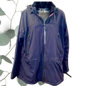 Lands End basic black rain jacket with pink accents around neck - size L